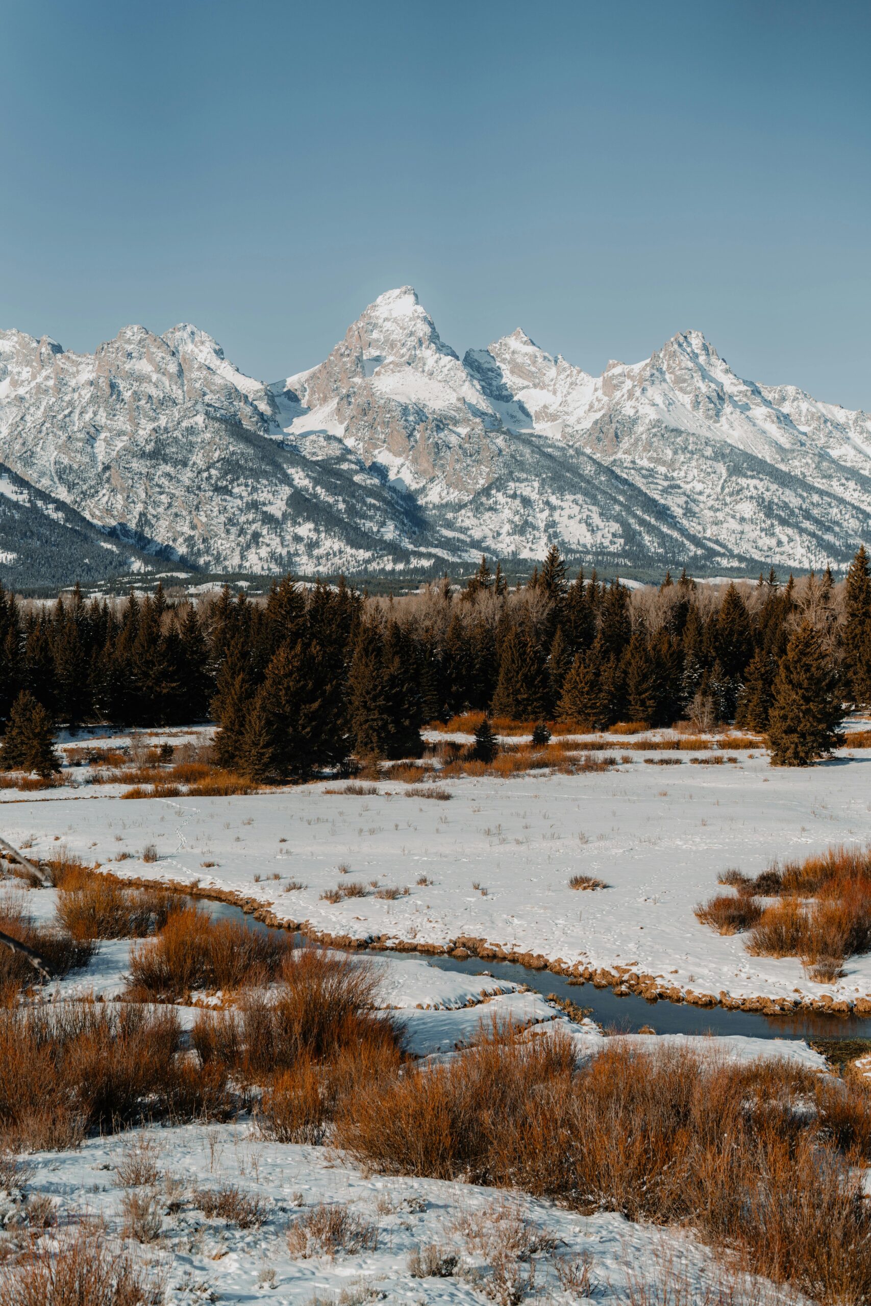 Majestic snow-capped mountains with a river flowing through a winter landscape under a clear blue sky.